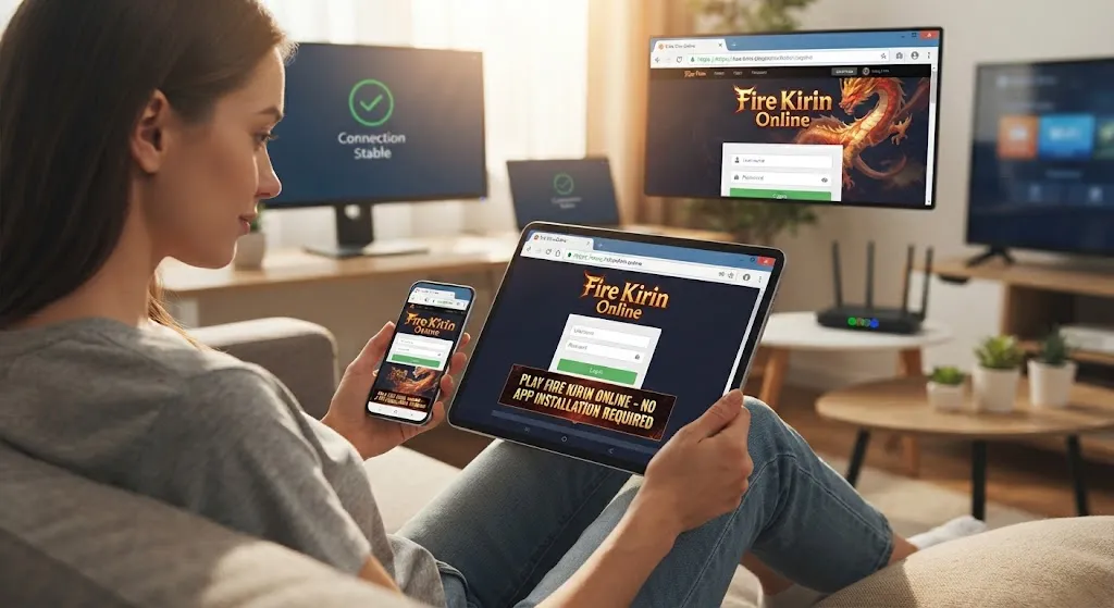 A person sitting comfortably on a couch holding a smartphone and a tablet, both displaying a browser-based Fire Kirin online login page without a downloaded app, with multiple monitors and a Wi-Fi router visible in the background.