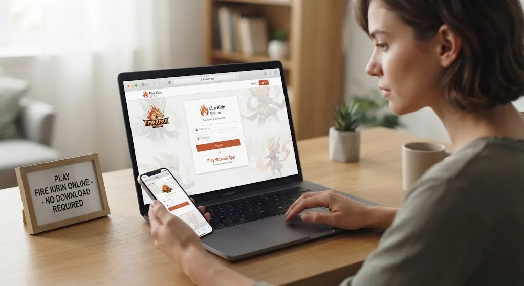 A woman sitting at a wooden desk using a laptop and smartphone to access Fire Kirin online through a web browser without installing an app, with a small sign next to her reading "Play Fire Kirin Online - No Download Required."