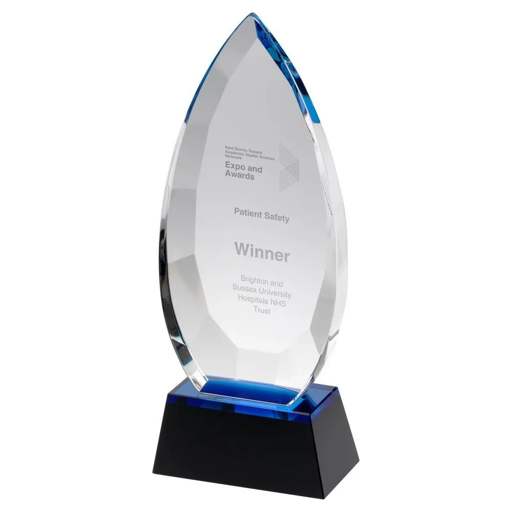 Flame-shaped clear glass recognition award with blue crystal accents mounted on a black base, engraved for Patient Safety Winner.