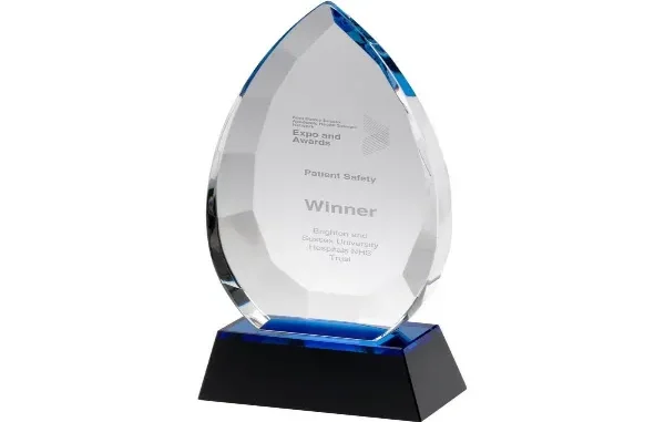 A pointed, flame-shaped clear glass plaque award with blue accent edges set on a solid black pedestal base, engraved with text celebrating a patient safety winner.