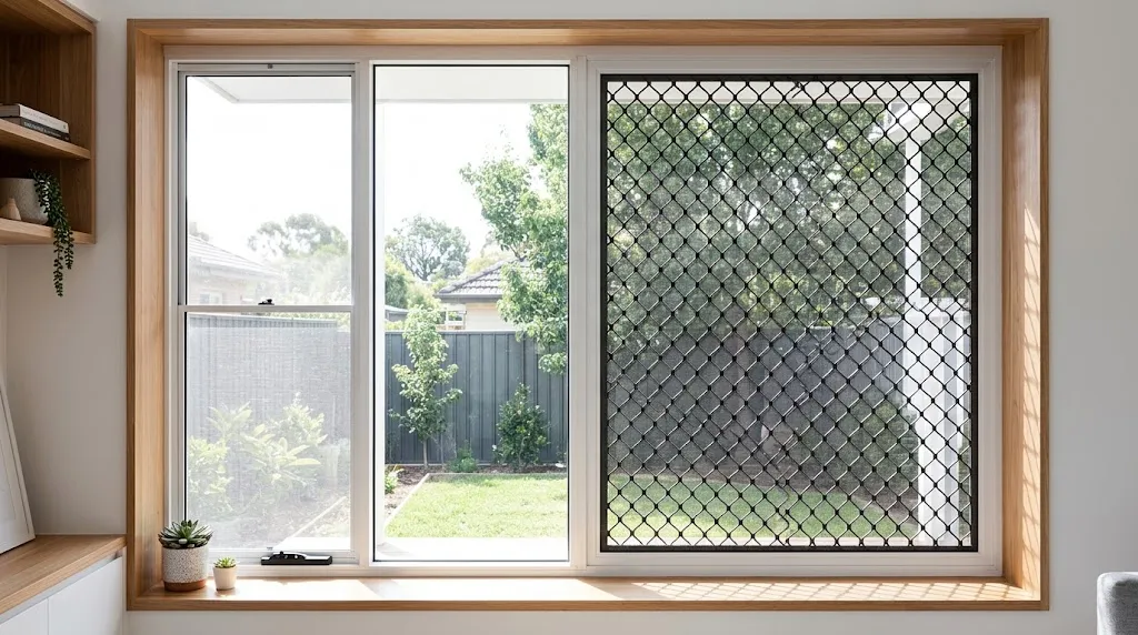 A modern home window showing a comparison between a lightweight standard fly screen and a heavy-duty stainless steel security screen frame.