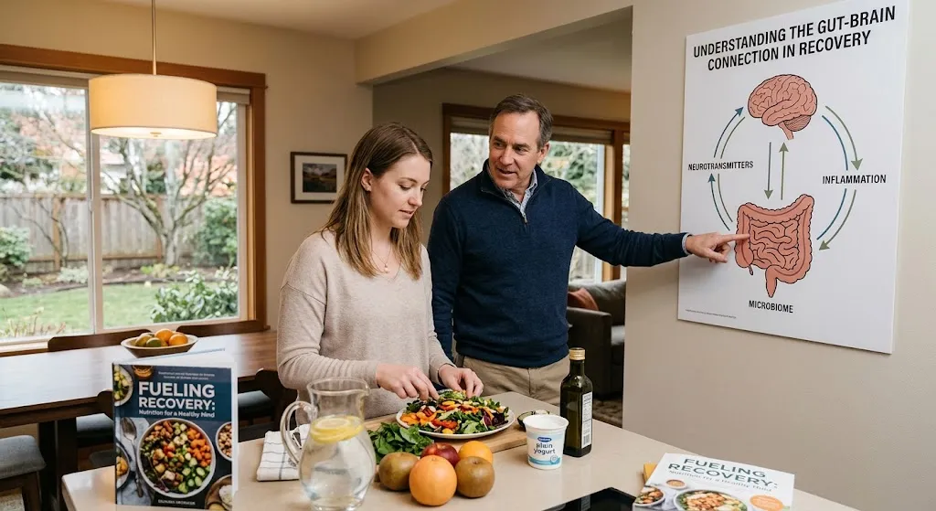 A nutritionist pointing to an educational poster explaining the gut-brain connection while a woman prepares a nutrient-dense salad with fresh whole foods on a kitchen counter.