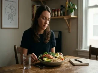 A woman in recovery eating a healthy salmon and vegetable whole food meal to support gut health and mental stabilization.