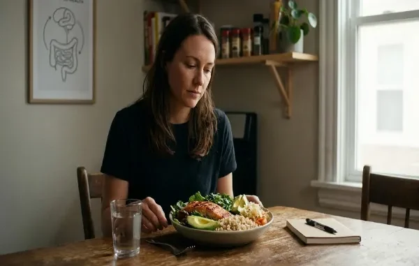 A woman in recovery eating a healthy salmon and vegetable whole food meal to support gut health and mental stabilization.