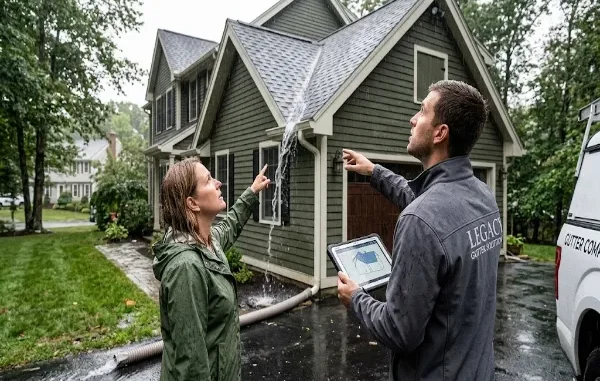 A homeowner in a green jacket points up at a roof valley where water is cascading over a gutter during a rainstorm. Beside her, a man wearing a jacket with the "Legacy Gutter Solutions" logo looks at the issue while holding a tablet showing a roof diagram. A company truck is on the right.