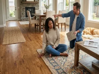 A man and a woman in a living room discussing damage on a wide-plank hardwood floor. The man kneels and holds a grey flooring sample while pointing to small white scratch marks on the wood. The woman sits on a decorative area rug, looking where he is pointing. A golden retriever dog sleeps in the background on a sheepskin rug near a fireplace and dining set. The room features multiple rugs on the hardwood, including a long woven runner.