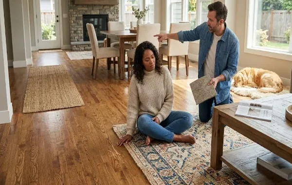 A man and a woman in a living room discussing damage on a wide-plank hardwood floor. The man kneels and holds a grey flooring sample while pointing to small white scratch marks on the wood. The woman sits on a decorative area rug, looking where he is pointing. A golden retriever dog sleeps in the background on a sheepskin rug near a fireplace and dining set. The room features multiple rugs on the hardwood, including a long woven runner.