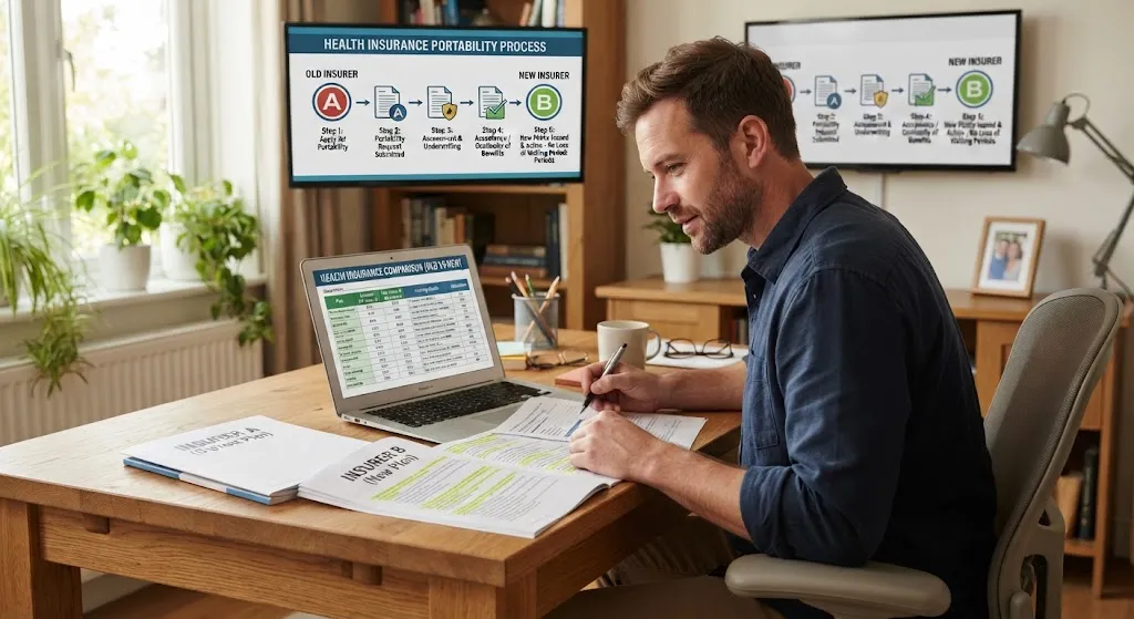A man in a blue shirt sitting at a wooden desk in a home office, comparing health insurance documents and looking at a spreadsheet on his laptop while a background monitor displays a health insurance portability process infographic.