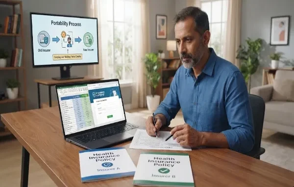 A man in a blue shirt sits at a wooden desk in a home office, comparing health insurance documents and looking at a laptop screen. On the laptop is a comparison spreadsheet, and on a background monitor, an infographic illustrates the 'Portability Process' from 'Old Insurer' to 'New Insurer'. Two policy booklets, labeled 'Insurer A' and 'Insurer B', are on the desk.