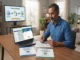 A man in a blue shirt sits at a wooden desk in a home office, comparing health insurance documents and looking at a laptop screen. On the laptop is a comparison spreadsheet, and on a background monitor, an infographic illustrates the 'Portability Process' from 'Old Insurer' to 'New Insurer'. Two policy booklets, labeled 'Insurer A' and 'Insurer B', are on the desk.