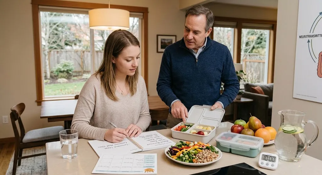 A woman sits at a kitchen counter writing in a food planner while a man in a blue sweater stands next to her, pointing to an open bento-style lunch box filled with fresh cut vegetables. The scene, which also includes a bowl of vibrant salad, a basket of fresh whole fruit, and a pitcher of water with cucumber slices, illustrates healthy, home-based meal planning.