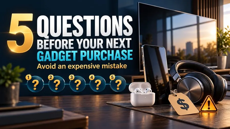 An infographic with the bold title '5 Questions Before Your Next Gadget Purchase.' The graphic features numbered question mark icons (1 through 5) and displays various tech items on a wooden desk, including a TV, smartphone, over-ear headphones, and wireless earbuds. A gold price tag with a dollar sign and a yellow warning icon are present.