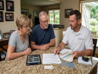 A professional painting contractor discussing scope, color fan decks, and a written estimate with a couple at a kitchen table.