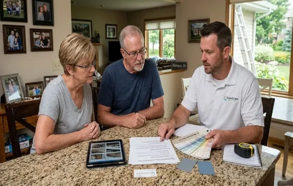 A professional painting contractor discussing scope, color fan decks, and a written estimate with a couple at a kitchen table.