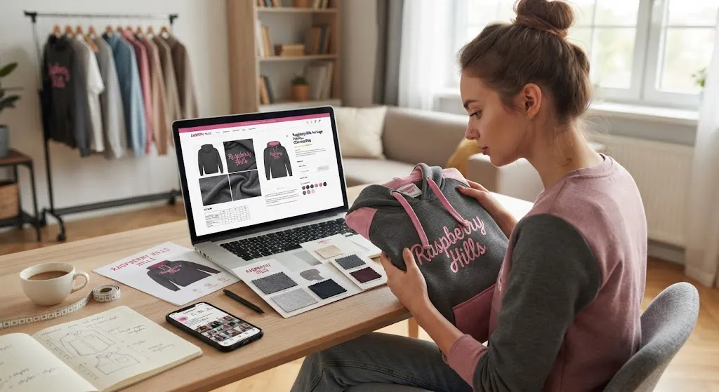 A woman sits at a wooden desk at home, holding a grey and pink Raspberry Hills hoodie while inspecting its fabric and details. Her laptop displays an online store product page with multiple product photos, a size chart, and color options. On the desk are fabric swatches, a smartphone showing social media reviews, a measuring tape, printouts of product designs, and a notebook with notes. In the background, a clothing rack displays various hoodies and shirts.