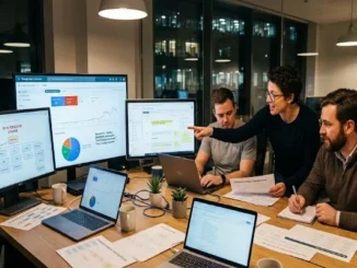 A digital marketing team collaborating around desktop computers displaying search engine analytics graphs, casino website architecture diagrams, and keyword strategy reports in a modern office.