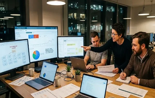 A digital marketing team collaborating around desktop computers displaying search engine analytics graphs, casino website architecture diagrams, and keyword strategy reports in a modern office.