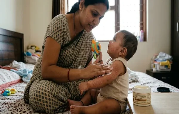 An Indian mother sitting on a bed, tenderly applying a specialized cream to her infant's arm, which shows visible signs of eczema and red spots.