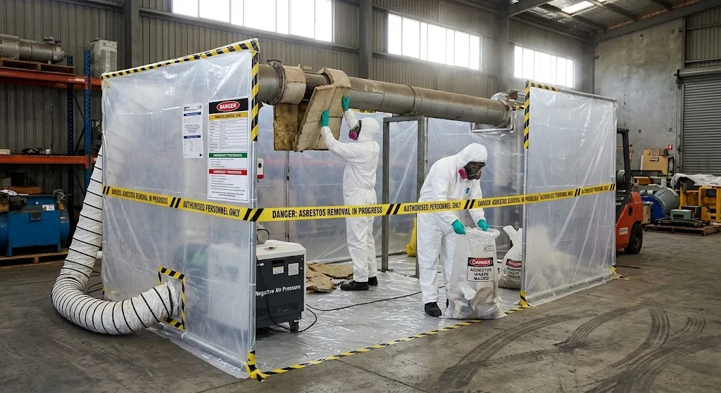 Two licensed asbestos removalists wearing white hazmat suits and respirators safely bag insulated pipe lagging inside a sealed plastic containment bubble in an active warehouse.