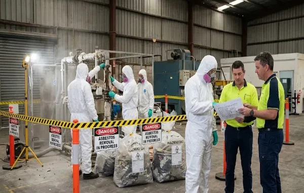 Industrial facility manager and contractor reviewing building schematics outside a safety-barricaded asbestos containment zone in a warehouse.