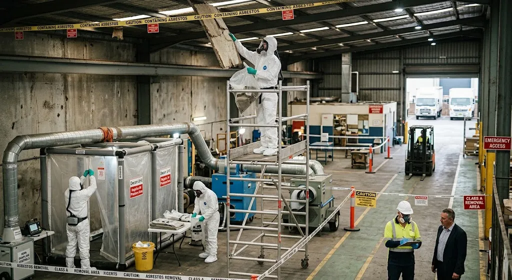 Licensed asbestos removalists in full hazmat suits and respirators carefully handling materials within a cordoned-off exclusion zone inside a large industrial warehouse, overseen by a safety manager and facility owner holding a compliance checklist.