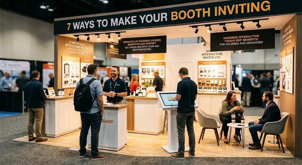 An open, well-lit modern trade show booth designed to invite attendees in. The booth features warm wooden accents, spotlighting, clear overhead signage, and organized product displays. On the left, a friendly staff member chats with visitors across a low counter; in the center, a man uses an interactive touchscreen display; on the right, two colleagues sit in comfortable chairs at a small coffee table, engaged in a conversation.