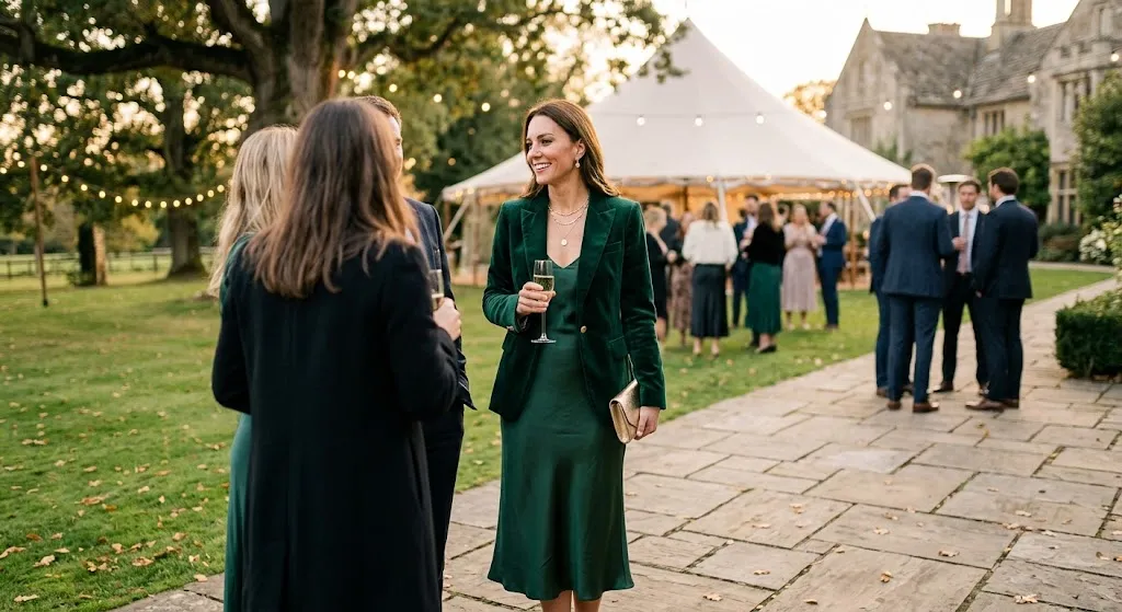 A realistic photograph of a woman, resembling Kate Middleton, attending an outdoor evening wedding reception at a grand estate. She is smiling, holding a champagne flute, and wearing an elegant forest green velvet tailored blazer over a matching green satin midi dress. She holds a gold clutch. Other well-dressed guests mingle on a stone-paved patio in the background under string lights near a white marquee tent. The lighting is soft golden hour.