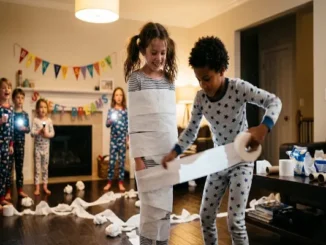 A group of young kids in pajamas playing a toilet paper mummy wrap relay race game in a cozy living room decorated with a Back to School banner.