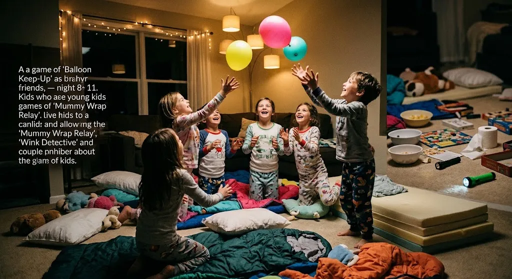 A group of kids in pajamas excitedly reaching up to keep colorful balloons in the air during a cozy living room sleepover.