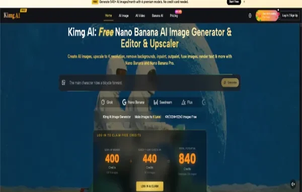 Interface screenshot of Kimg AI image generator featuring text prompt input and model options like Nano Banana and Flux.