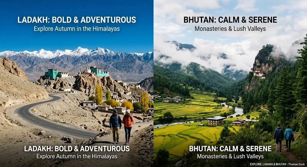 Split-screen image contrasting Ladakh's rugged mountain roads and ancient monasteries with Bhutan's lush green valleys and cliffside Tiger's Nest Monastery.