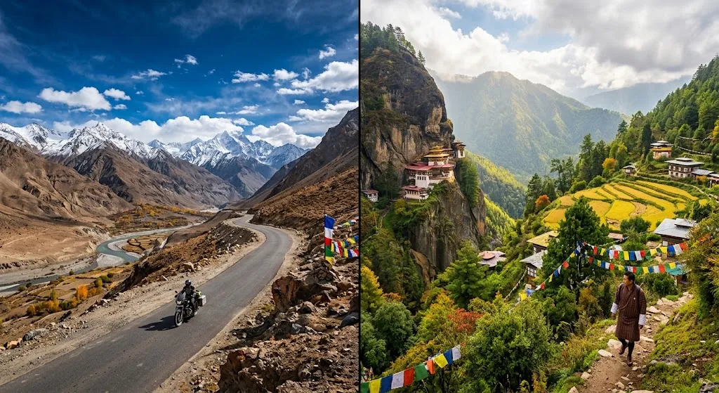 A split-screen comparison of the Himalayas: on the left, a solo motorcyclist rides down a winding road in the stark, rugged brown mountains of Ladakh under a bright blue sky; on the right, Bhutan's iconic Tiger's Nest monastery sits perched on a cliff amidst lush green forests and terraced rice fields fluttering with colorful prayer flags.