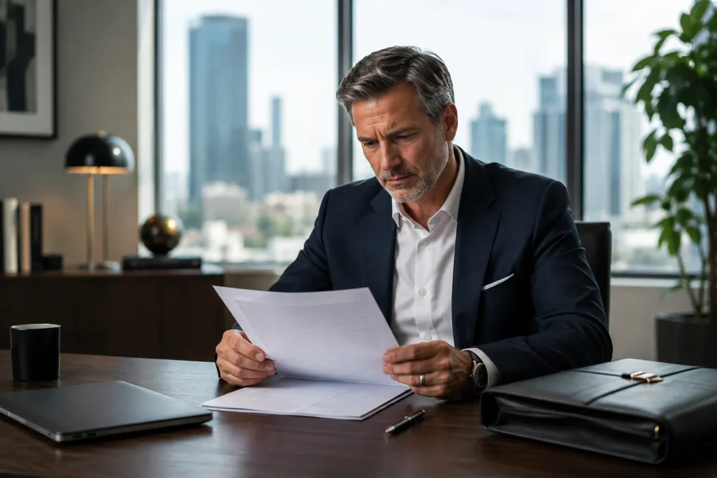 A senior executive reviewing an exit agreement document at a desk in a high-rise corporate office.