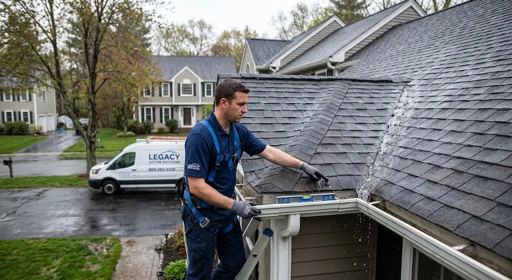 A Legacy Gutter Solutions technician wearing safety gear inspects a home's gutter system near a steep roof valley where heavy rainwater runoff flows toward an overflowing corner channel.