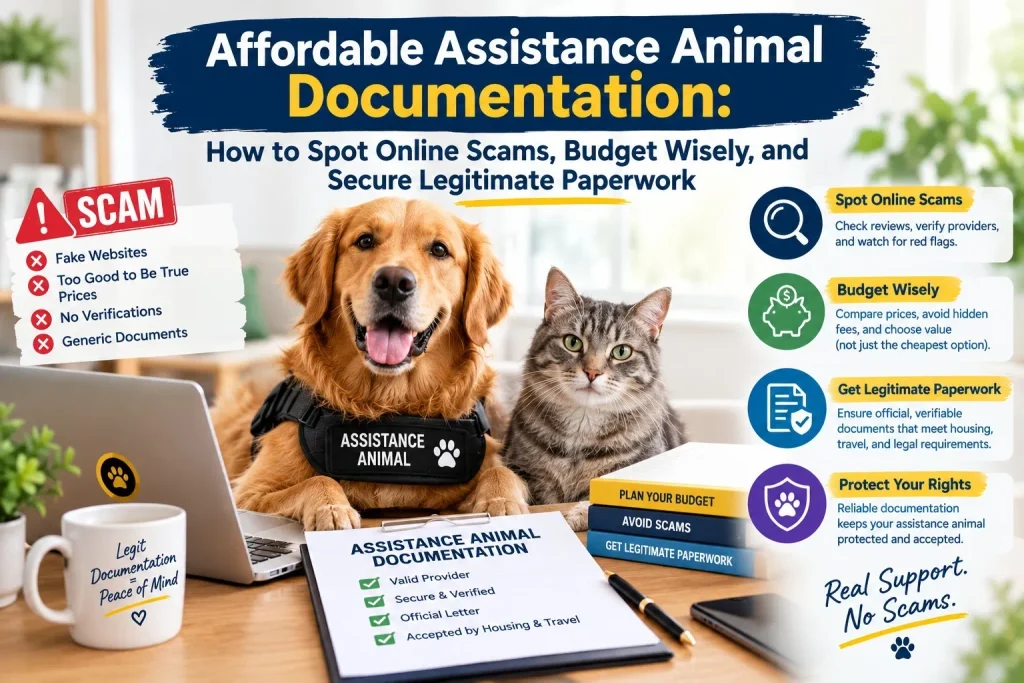 Infographic with a golden retriever and a tabby cat at a desk with an assistance animal documentation checklist, showing red-flag scam warnings on the left and key steps for budgeting and securing valid paperwork on the right.