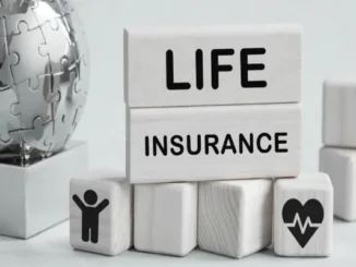 Wooden blocks spelling out "LIFE INSURANCE" above smaller blocks featuring icons of a person and a heart with a pulse line, placed beside a metallic puzzle globe.