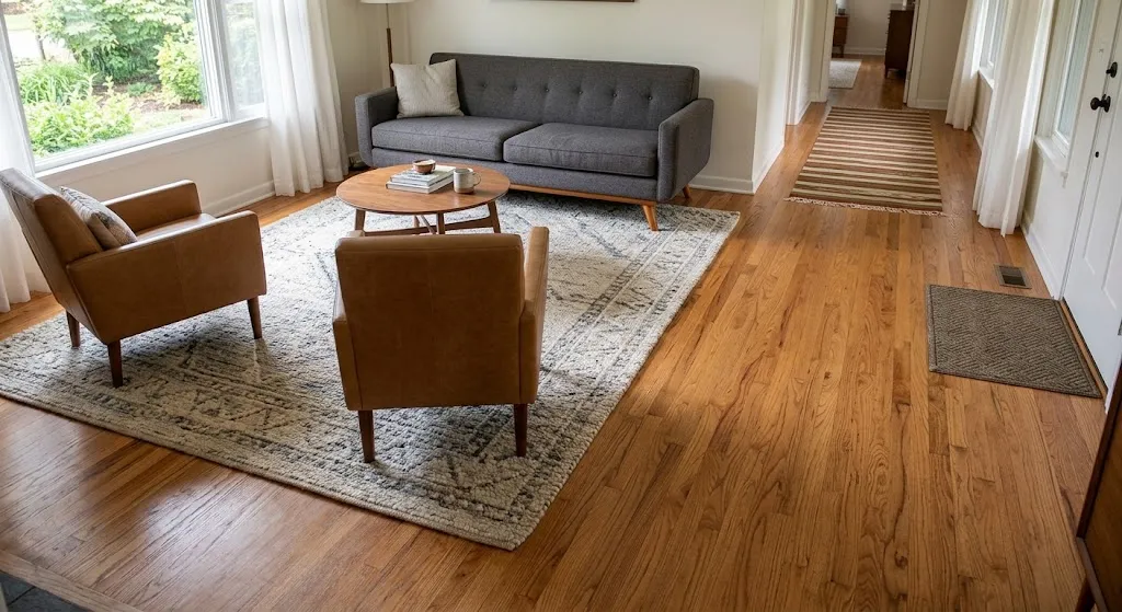 A brightly lit modern living room showcasing warm oak hardwood floors, a large patterned area rug under a sofa and coffee table, and a hallway runner.