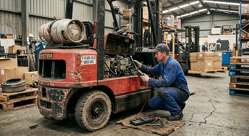 A technician in blue overalls kneels beside a red, well-used LPG forklift with the engine compartment open to inspect and service the fuel vaporiser in a busy warehouse setting.