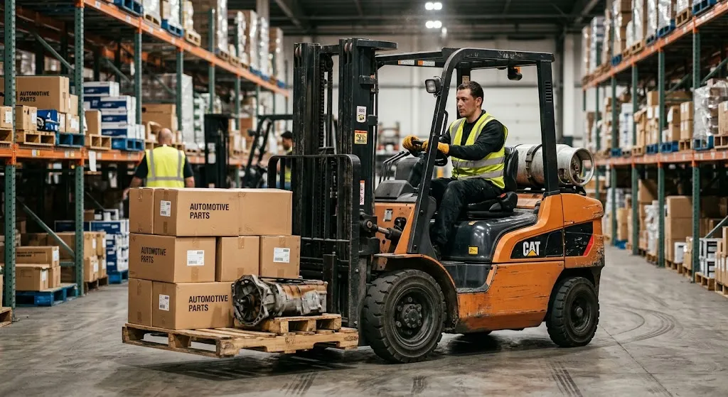An LPG forklift operator driving an orange CAT forklift in a busy warehouse, carrying a pallet stacked with labeled "Automotive Parts" cardboard boxes.