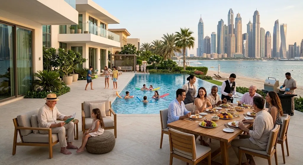 A multi-generational family enjoying a luxury beachfront villa terrace in Dubai with a private swimming pool, dining table, and Dubai Marina skyline view.