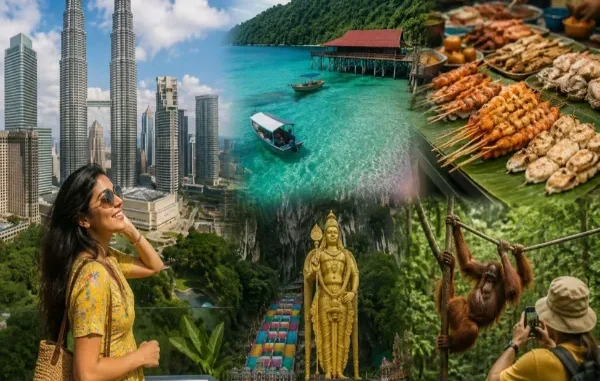 A collage showcasing Malaysia's highlights, including the Petronas Twin Towers in Kuala Lumpur, a traveler overlooking a city park, crystal-clear tropical island waters, street food satay skewers, Batu Caves, and an orangutan in the rainforest.