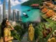 A collage showcasing Malaysia's highlights, including the Petronas Twin Towers in Kuala Lumpur, a traveler overlooking a city park, crystal-clear tropical island waters, street food satay skewers, Batu Caves, and an orangutan in the rainforest.