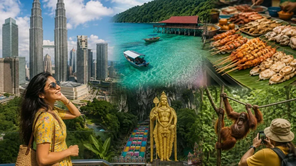 Collage showcasing Malaysian travel highlights, featuring the Petronas Twin Towers in Kuala Lumpur, clear turquoise island waters with a boat, street food skewers, the golden statue at Batu Caves, and an orangutan in a rainforest.