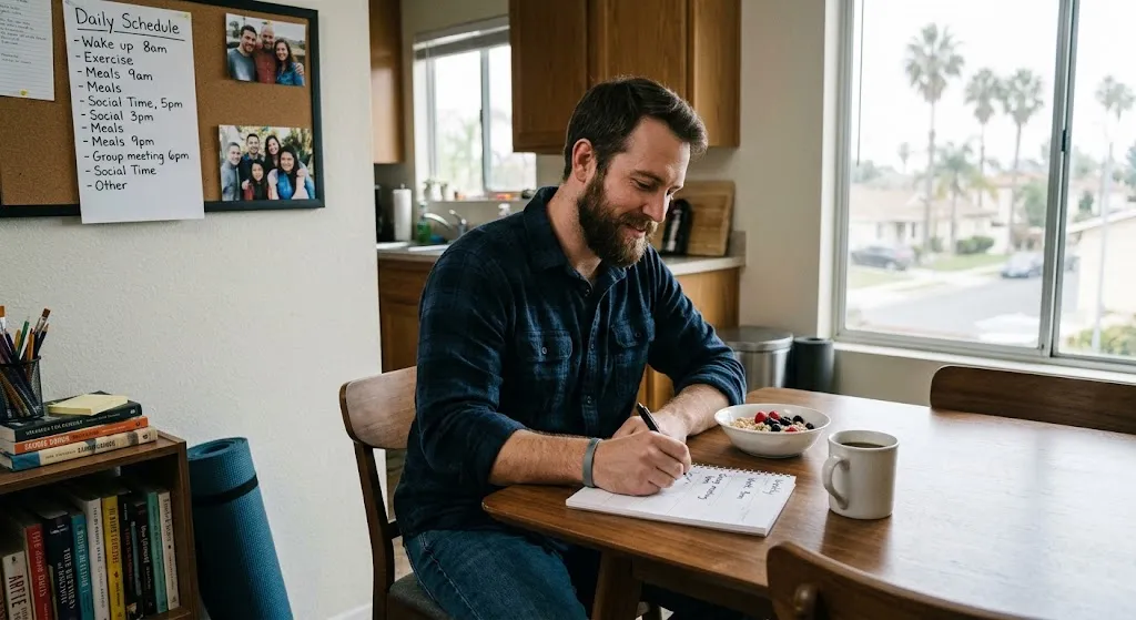 A man with a beard sits at a dining table writing in a planner next to a bowl of oatmeal and coffee, with a corkboard daily schedule and family photos on the wall behind him.