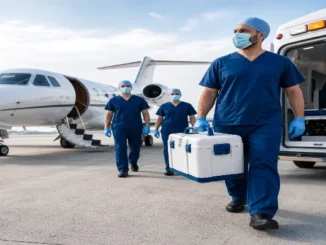 Medical professional wearing scrubs, mask, and gloves carrying a white organ cooler box on a tarmac next to a private jet and ambulance.