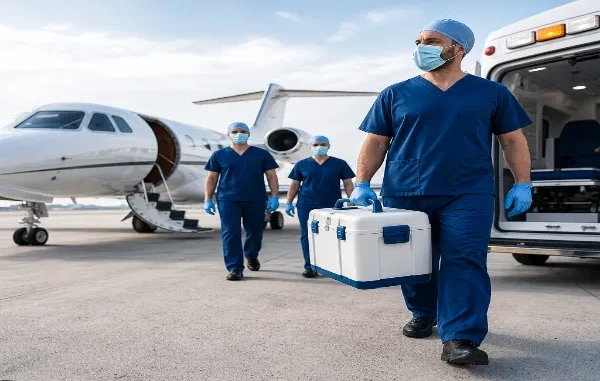 Medical professional wearing scrubs, mask, and gloves carrying a white organ cooler box on a tarmac next to a private jet and ambulance.