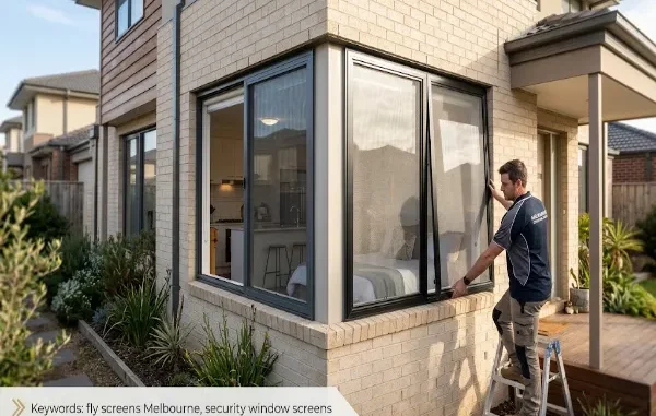 A technician fitting a black frame security window screen on a modern Melbourne home's ground-floor brick window.
