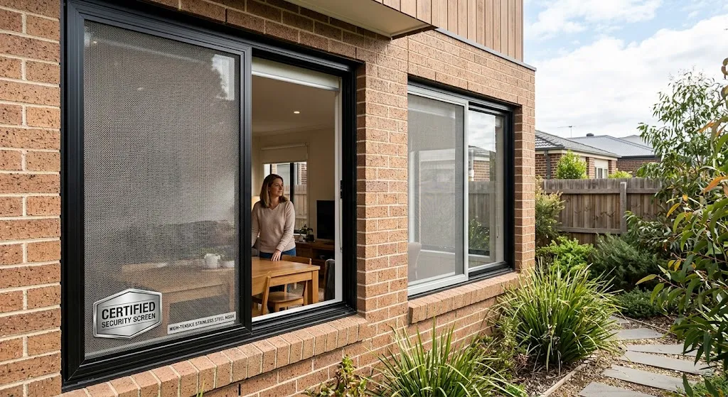 A side-by-side view of a modern Melbourne home exterior featuring a black-framed high-tensile stainless steel security window screen on the left alongside a standard light-grey fly screen on the right.