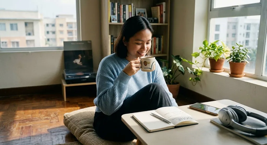 A young woman wearing a cozy blue sweater sits comfortably on a floor cushion in a brightly lit room, smiling as she holds a ceramic coffee mug. On a low table in front of her sits an open notebook with a handwritten "DONE" list, a pair of over-ear headphones, and a smartphone, with house plants and a vinyl record player visible in the background.