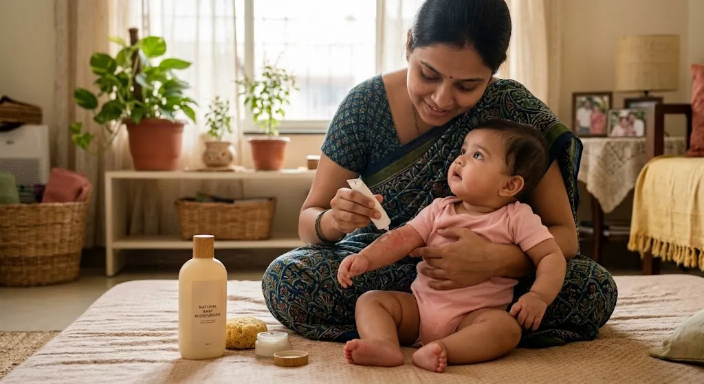 A close-up, natural light photograph in a home setting in India shows a mother, in a patterned saree, gently applying a white moisturizing cream from a small, unlabeled tube to a patch of red, slightly dry eczema-prone skin on her baby's arm. The mother has a caring expression; the baby is looking towards her. An open bottle and jar of moisturizer are near them on a soft mat.